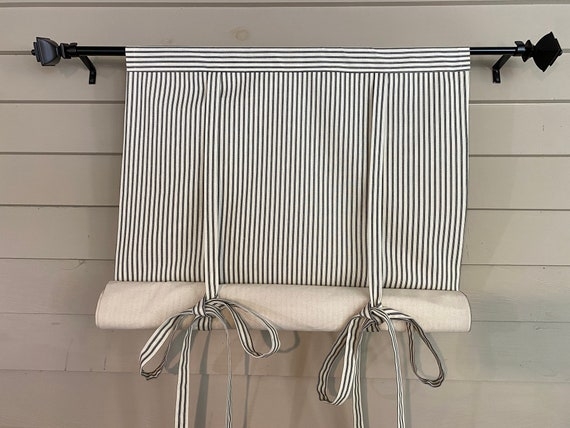Tie Up Shade: Black Ticking Stripe Bottom Roll Window Shade