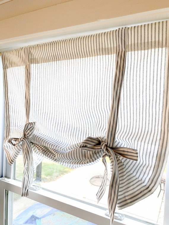 Tie Up Shade: Off White Ticking Stripe Cottagecore Window Shade