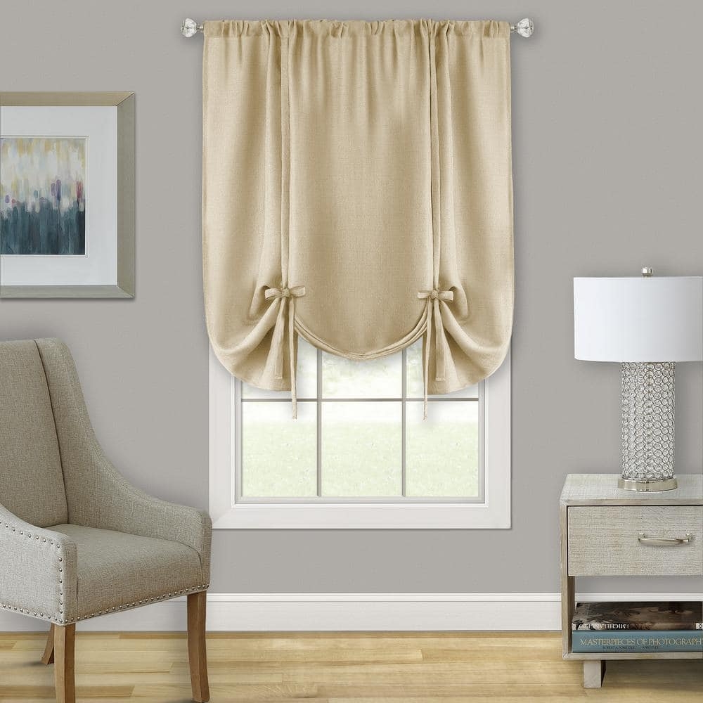 Tie Up Shade: Tan Woven Fabric Scalloped Darcy Window Panel