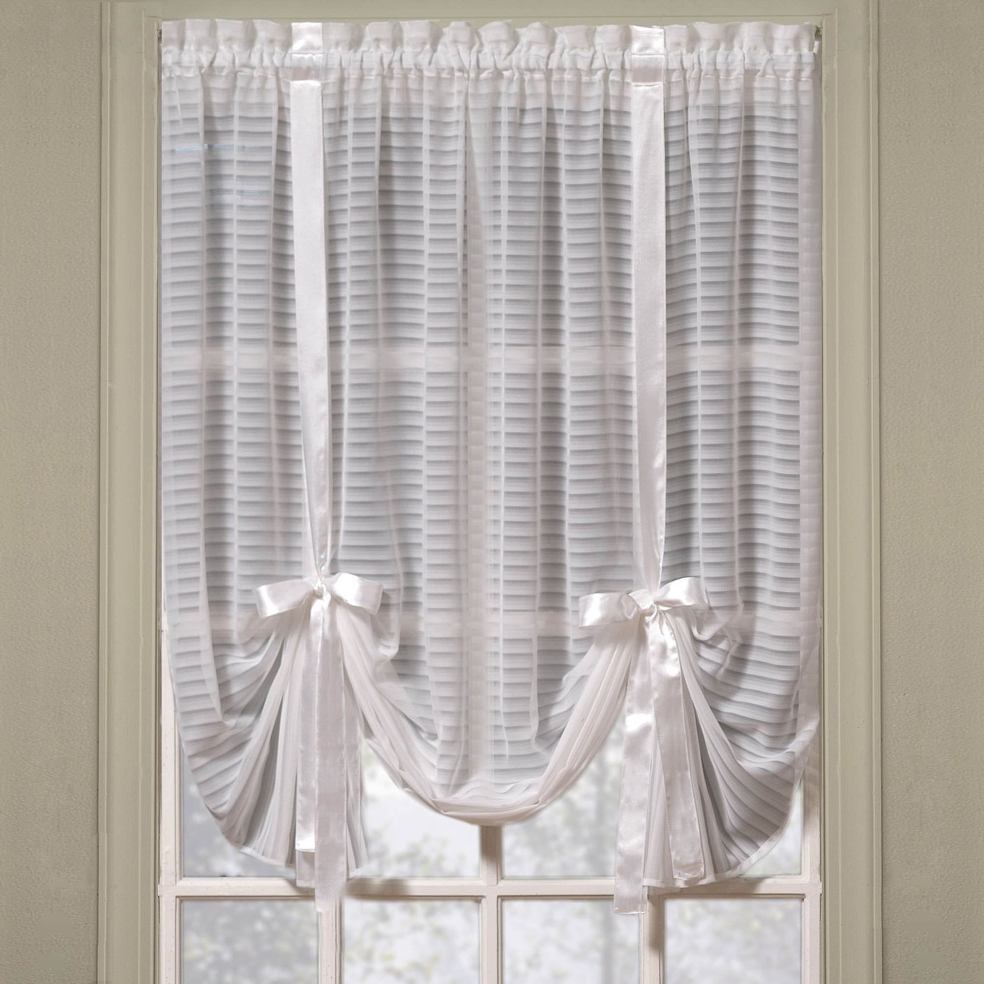 Tie Up Shade: White Horizontal Striped Sheer Satin Bow Shade