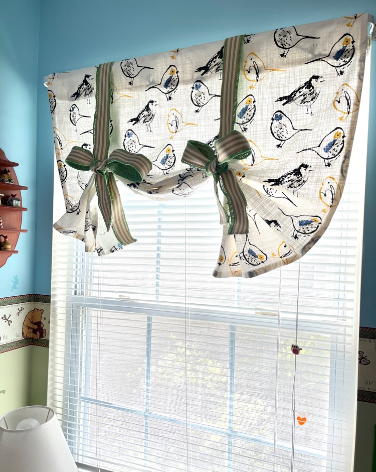 Tie Up Valance: Bird Motif Sage Green Nursery Window Treatment