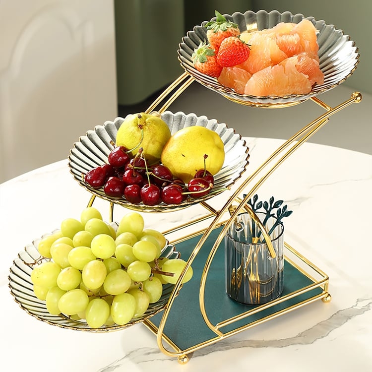 Tiered Fruit Bowl: Gold Spiral Frame and Scalloped Smoked Glass