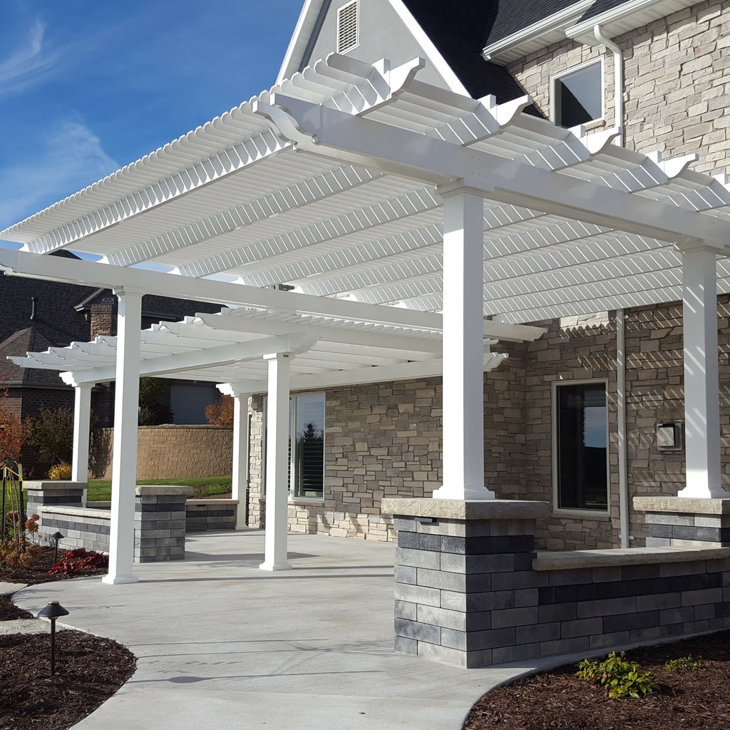 Tiered L-Shape Pergola White Frame with Masonry Piers