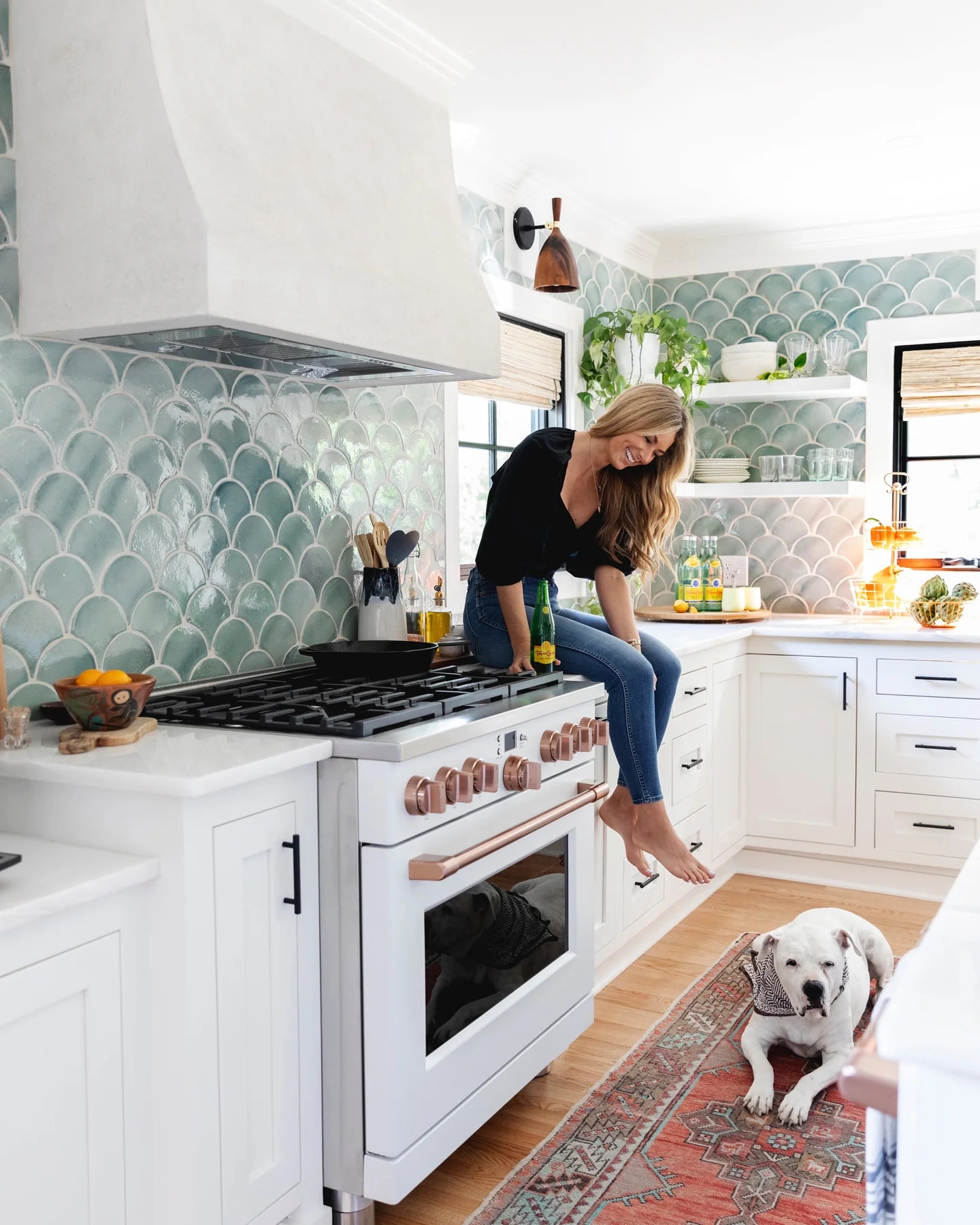 Tile Backsplash Seafoam Scalloped Design with Copper Accents