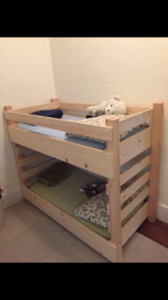 Toddler Bunk Bed: Natural Wood Slatted Safety Rails and Frame