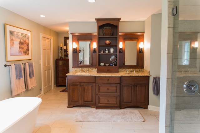 Traditional Double Vanity: Wood Toned Storage Tower
