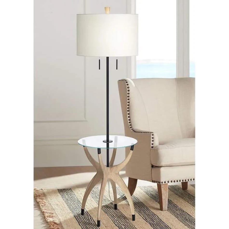 Tray Floor Lamp Flared Wood Legs and Double Pull Chains