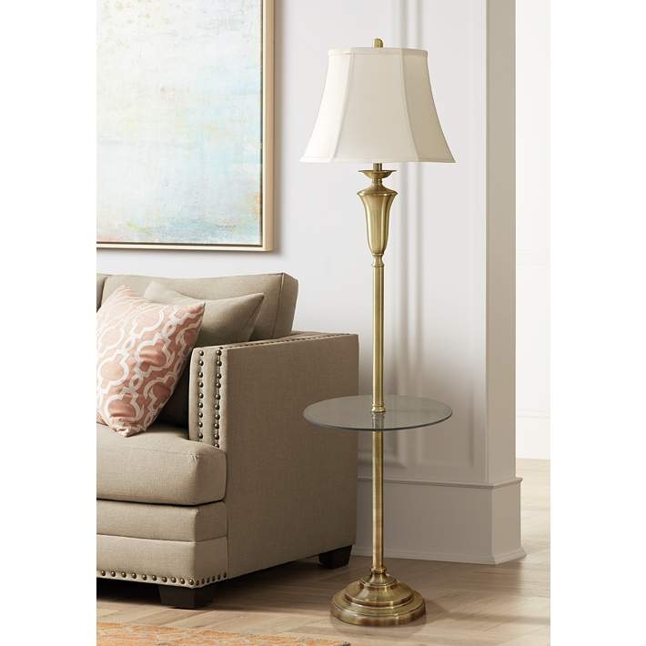 Tray Table Floor Lamp Featuring Stepped Base Brushed Brass