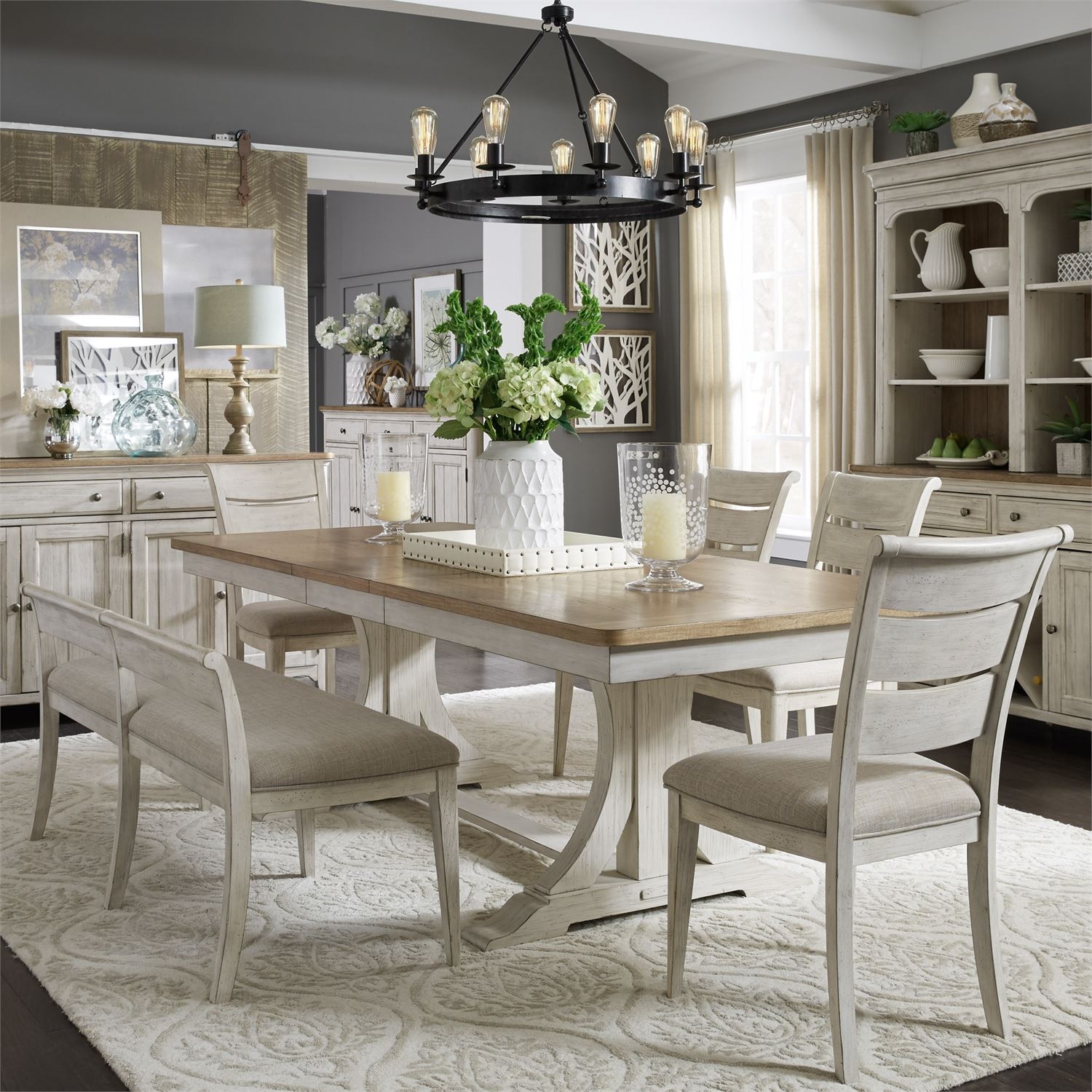 Trestle Dining Set: Antique Cream Curved Trestle with Bench