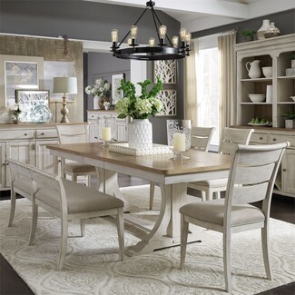 Trestle Dining Set: Antique Cream Curved Trestle with Bench