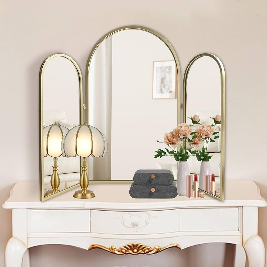 Trifold Mirror: Champagne Gold Triple Arch Design Mirror
