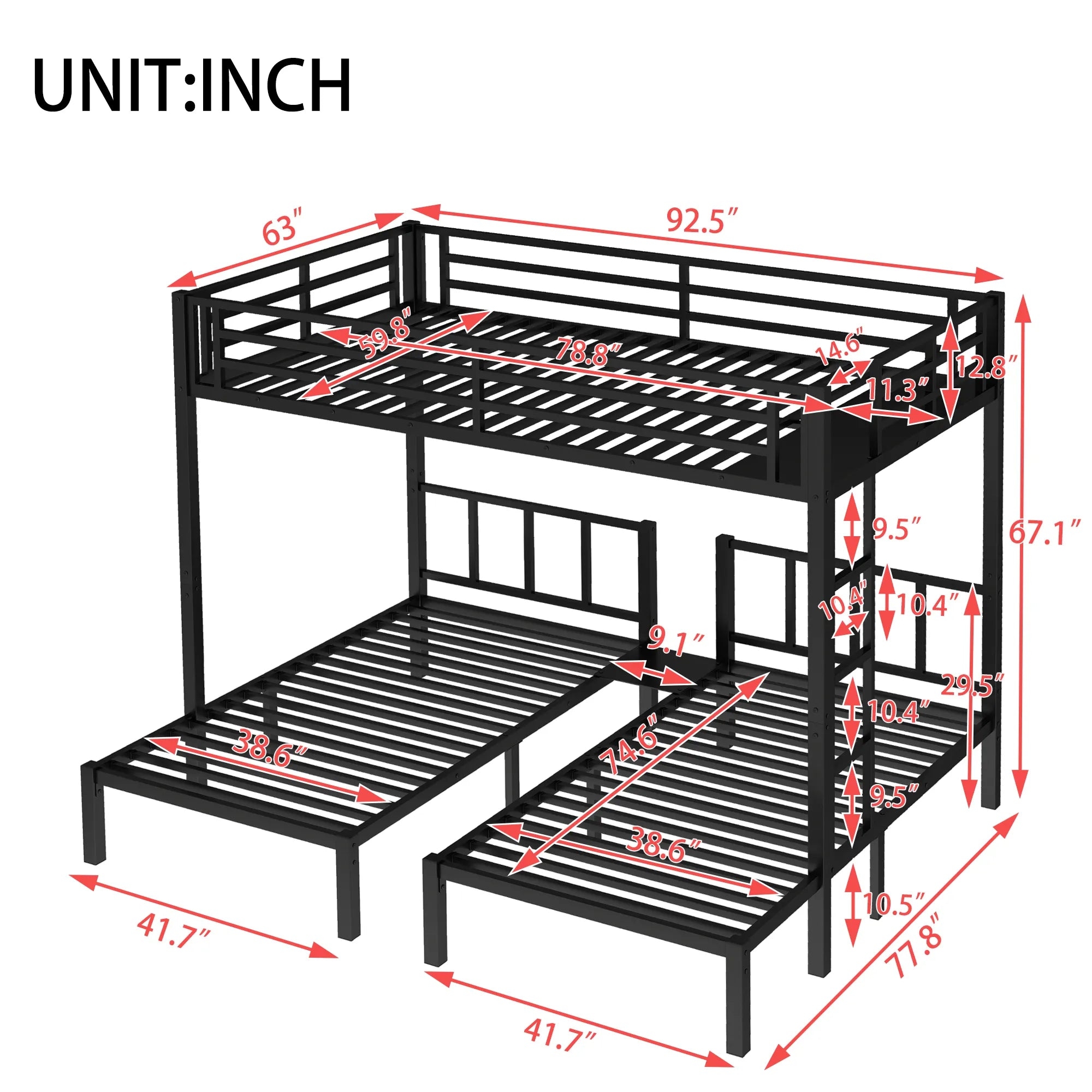 Triple Bunk Bed L-Shape Configuration Matte Black Sleeper