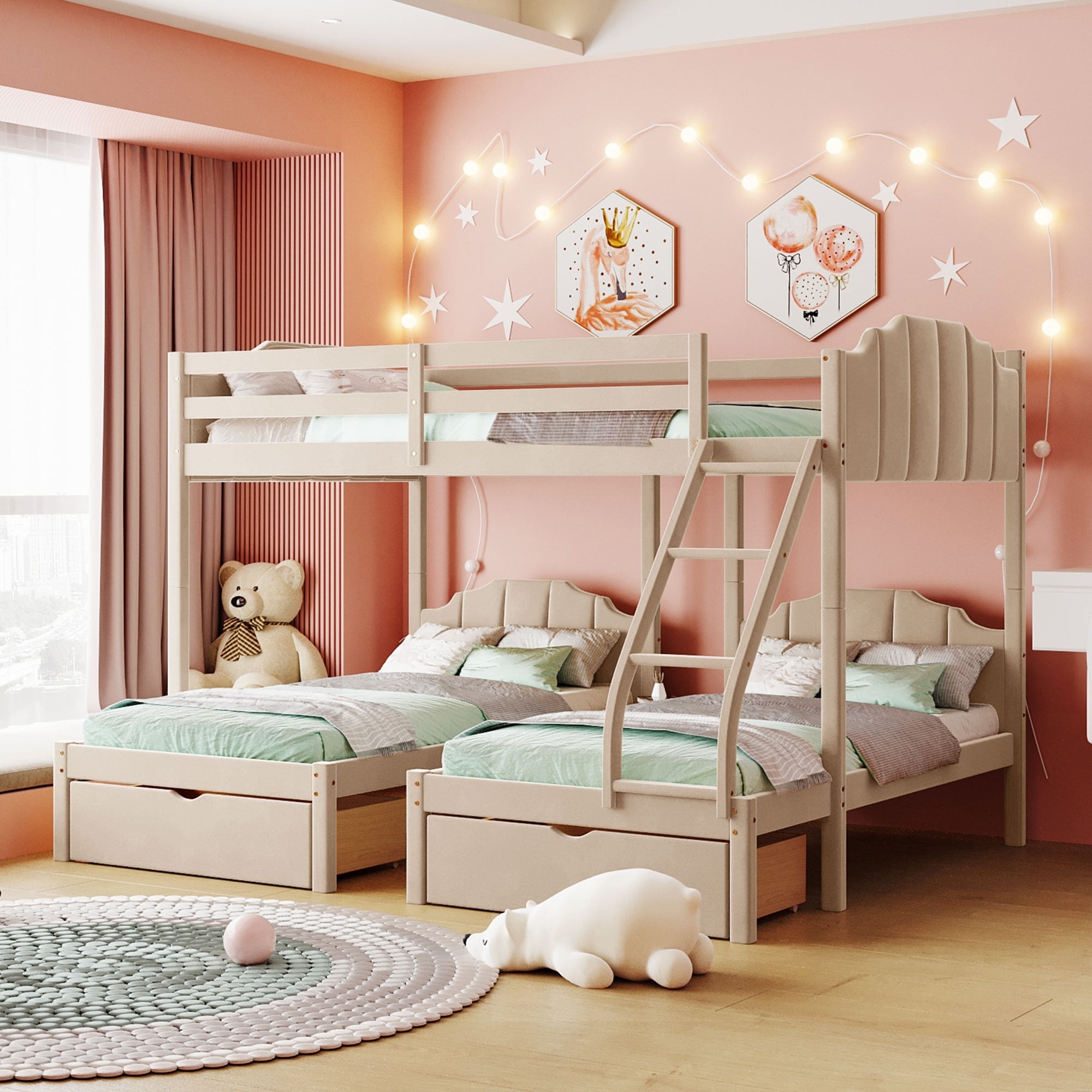 Triple Bunk Bed: L-Shaped Design with Velvet Scalloped Headboard