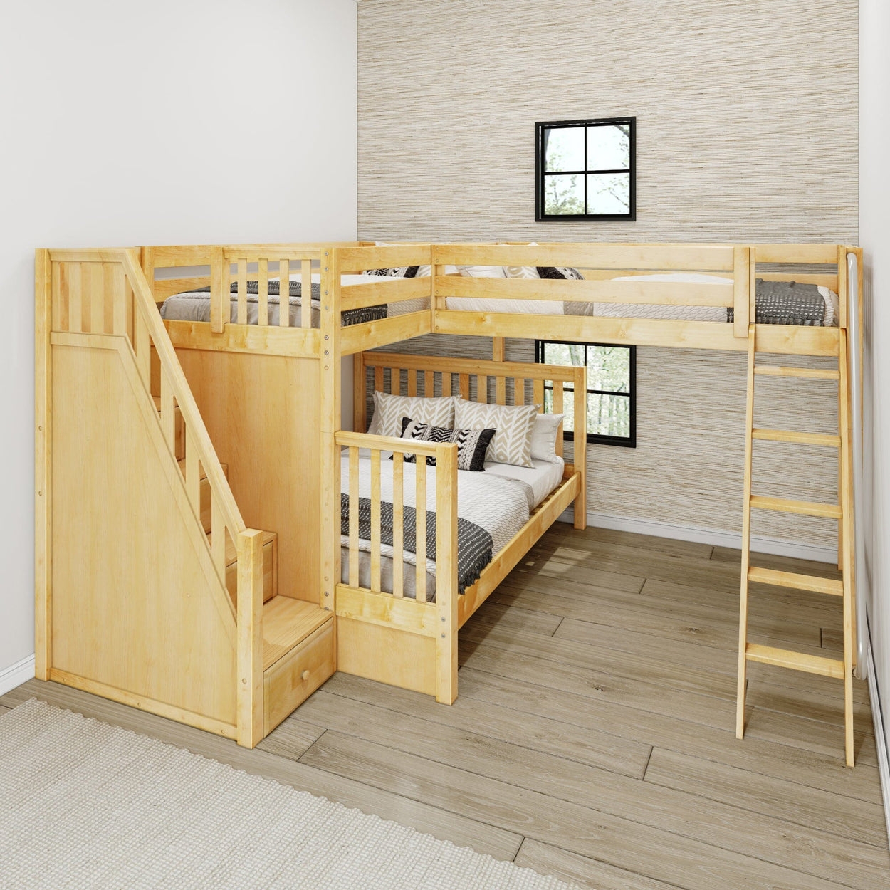Triple Loft Bunk Bed L-Shaped Corner Unit Staircase Storage