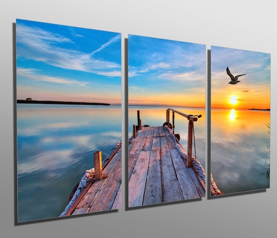 Triptych Wall Art Metal Aluminum Base Sunset Lake Art