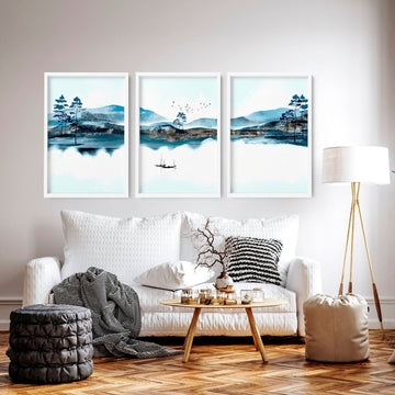 Triptych Wall Art with Teal Watercolor Prints and Mountain Art