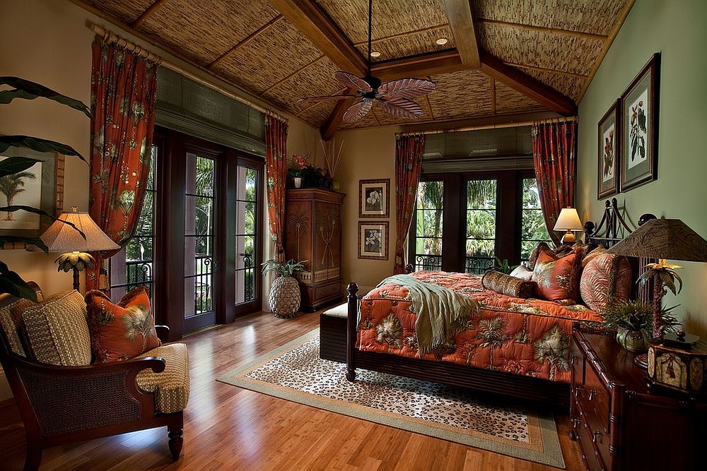 Tropical Bedroom Set with Palm Leaf Fan and Woven Ceilings