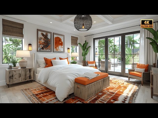 Tropical Bedroom with Burnt Orange Accents and Woven Lighting