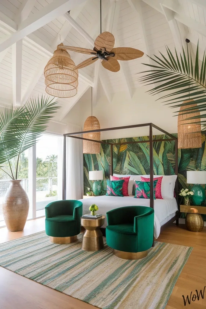 Tropical Bedroom with Emerald Velvet Chairs and Rattan Lighting