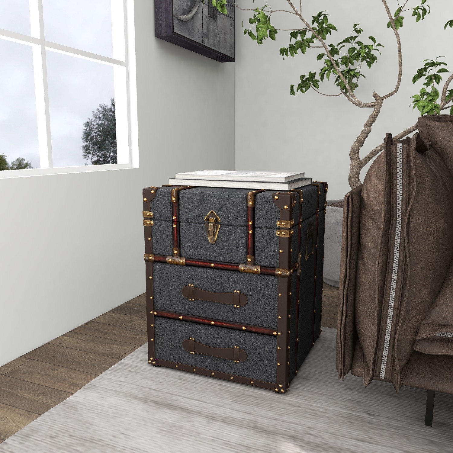 Trunk End Table Charcoal Fabric Nailhead Trim Accents