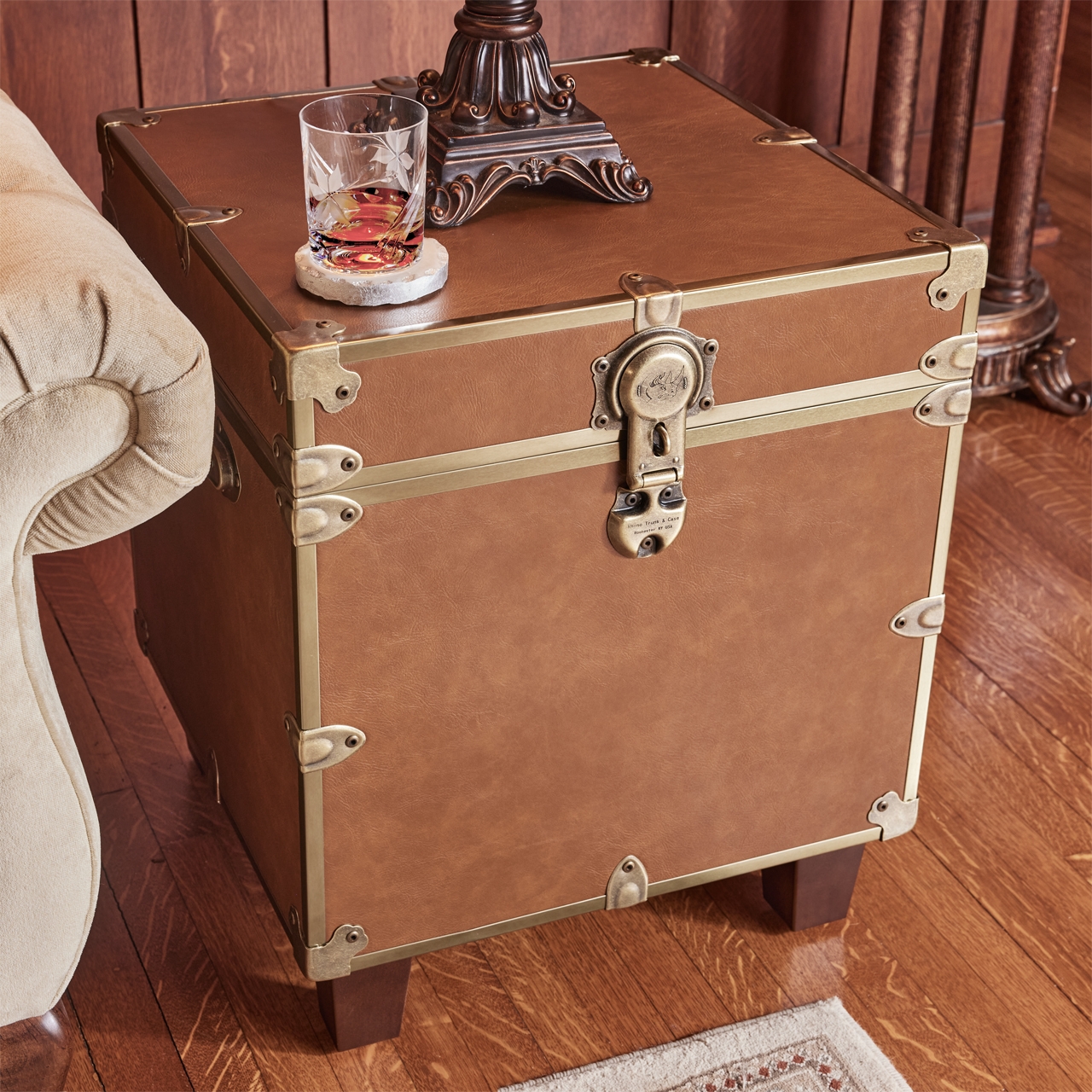 Trunk End Table Leather Like Texture Brass Hardware