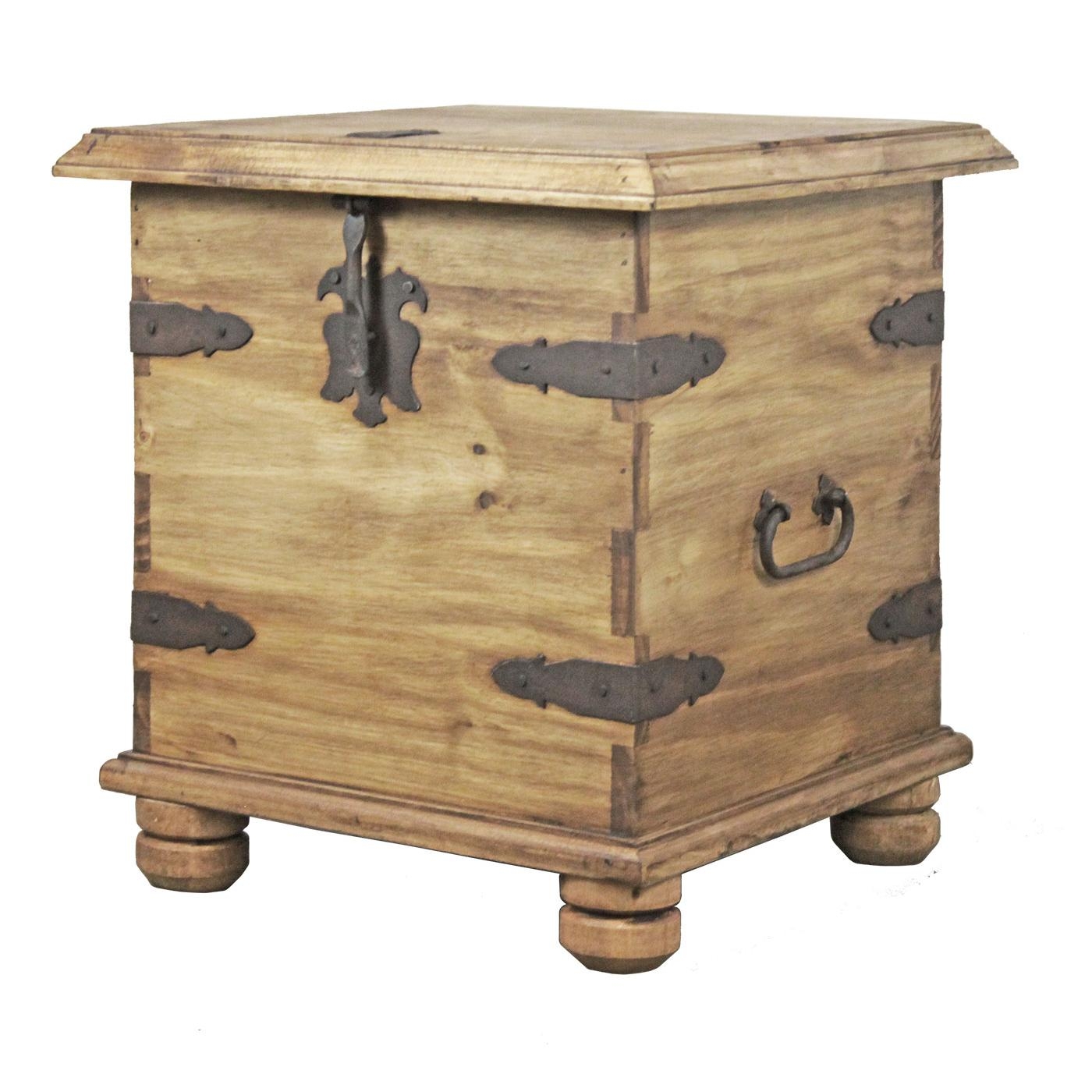 Trunk End Table Pine Wood Decorative Iron Hinges Accent