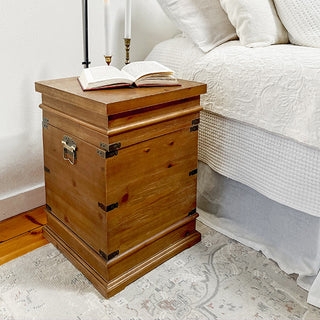 Trunk Side Table Tiered Top Rustic Honey Wood Finish