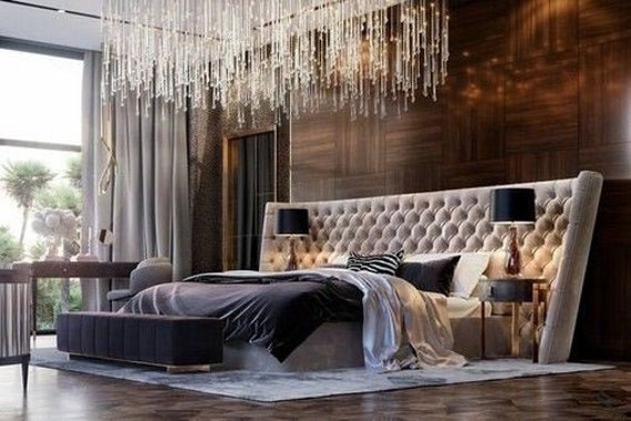 Tufted Bed Frame Extra Wide Wingback Headboard Luxury Design