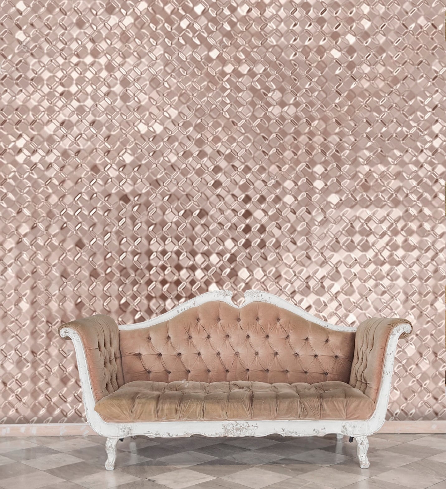 Tufted Sofa Deep Tufting Rose Gold Metallic Glam Style