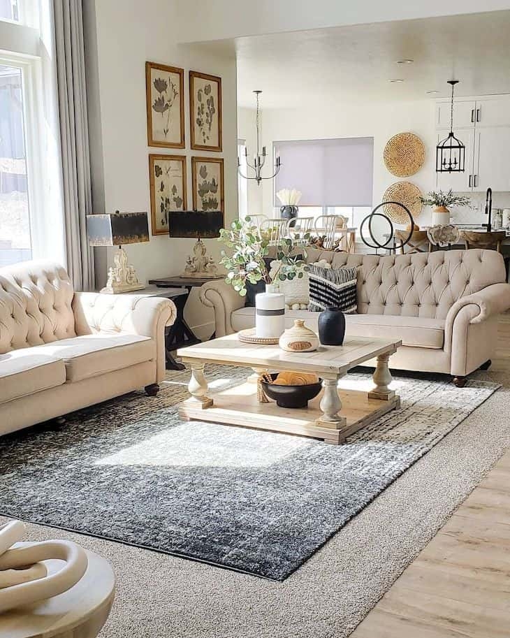 Tufted Sofa with Button Tufting and Baluster Leg Coffee Table