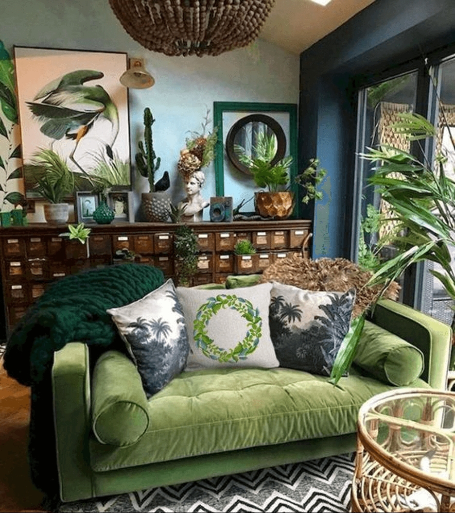 Tufted Sofa with Emerald Green Fabric and Bolster Side Pillows