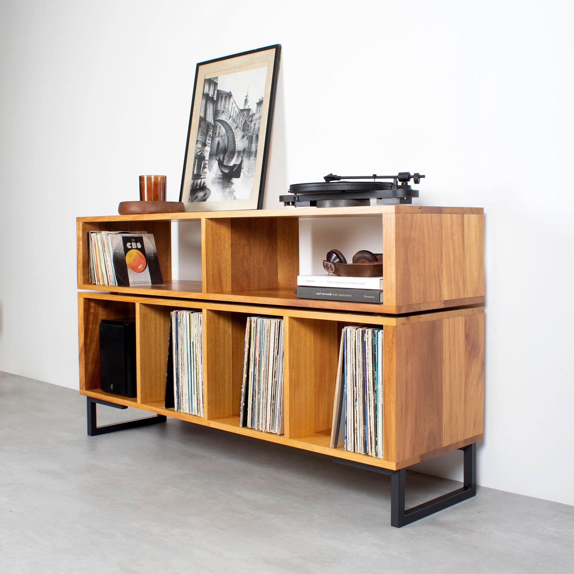 Turntable Stand in Iroko Wood with Tiered Music Station Furniture