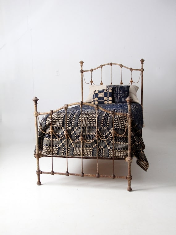 Twin Bed Antique Beige Distressed Patina Ornate Ironwork