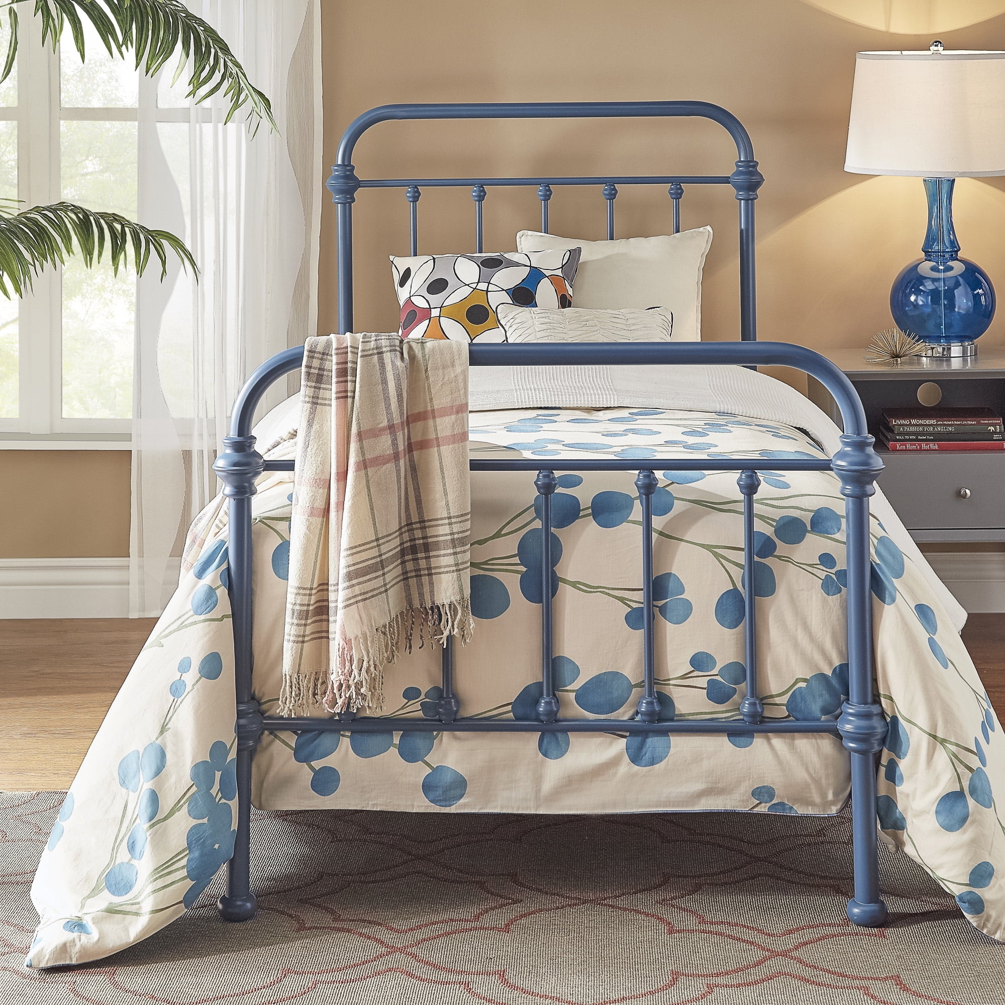 Twin Bed Blue Steel Frame with Spindle Detail Cottage Style