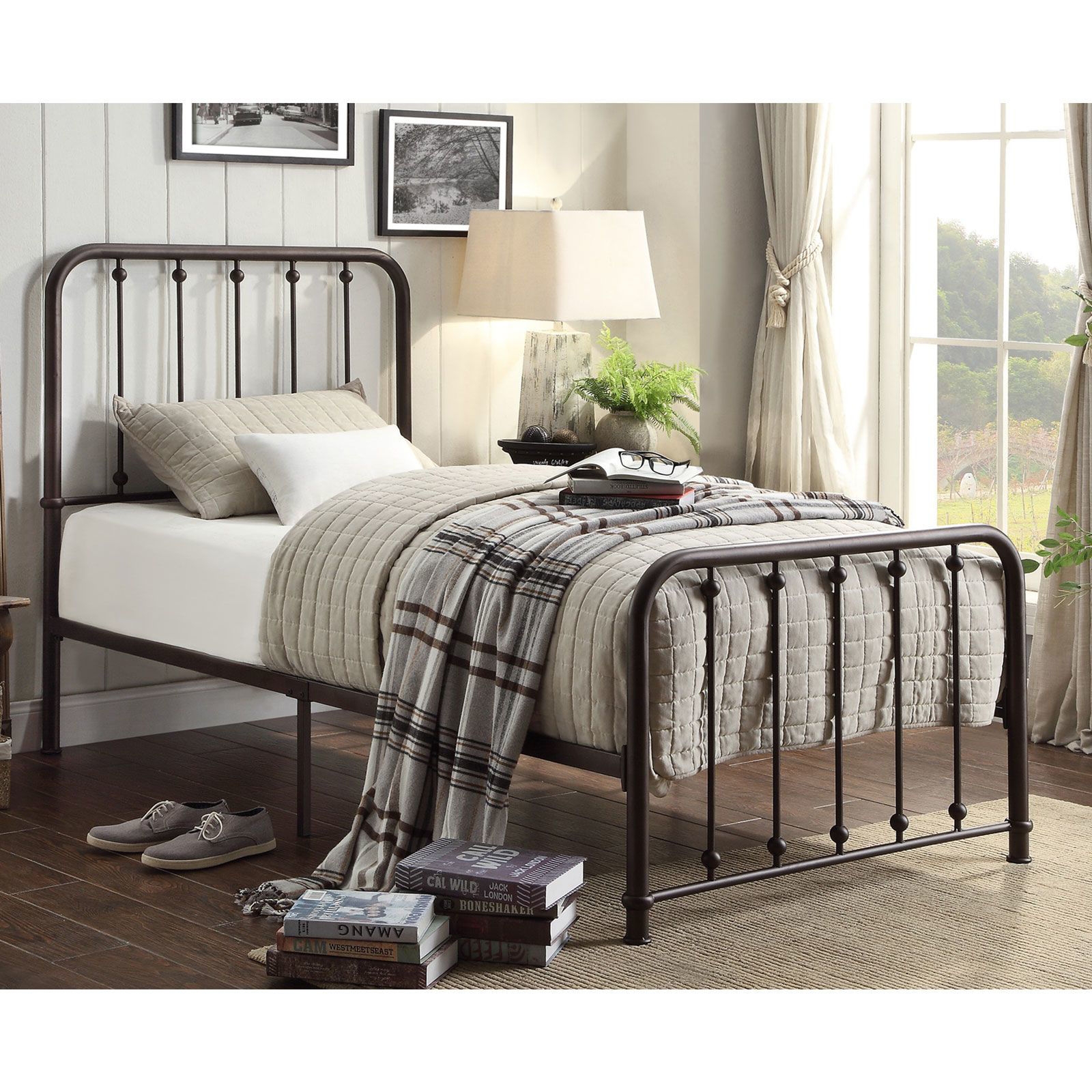 Twin Bed Bronze Farmhouse Frame with Ball Finial Accents