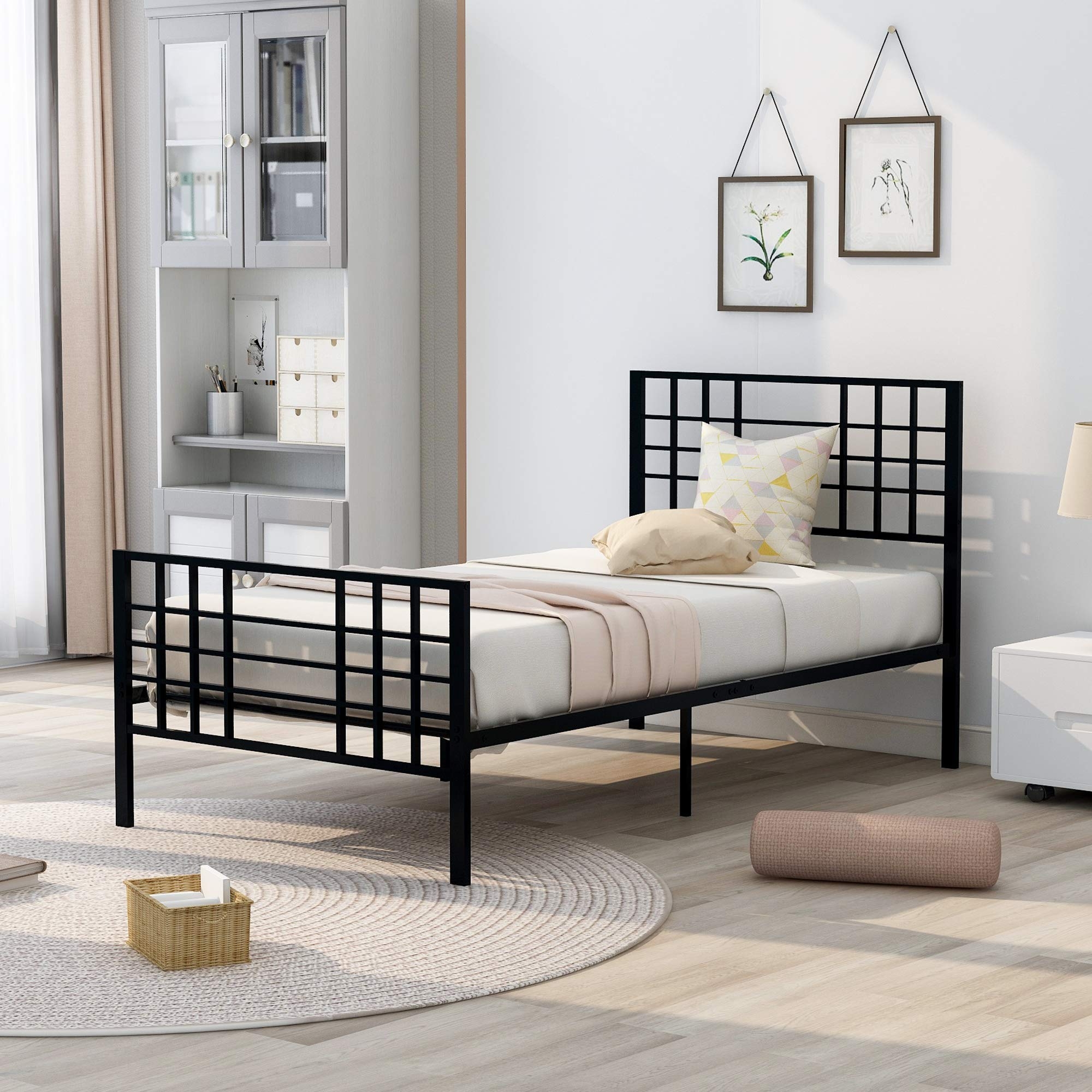 Twin Bed Frame Grid Pattern Matte Black Metal Bed