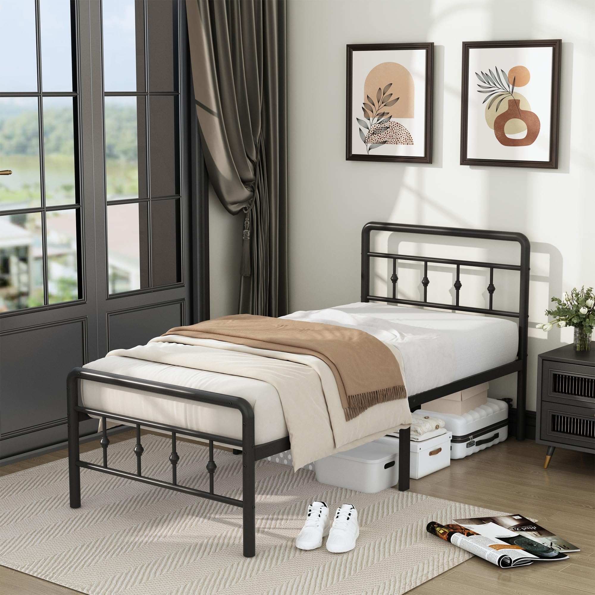 Twin Bed Frame Iron Art Spindles Matte Black High Profile