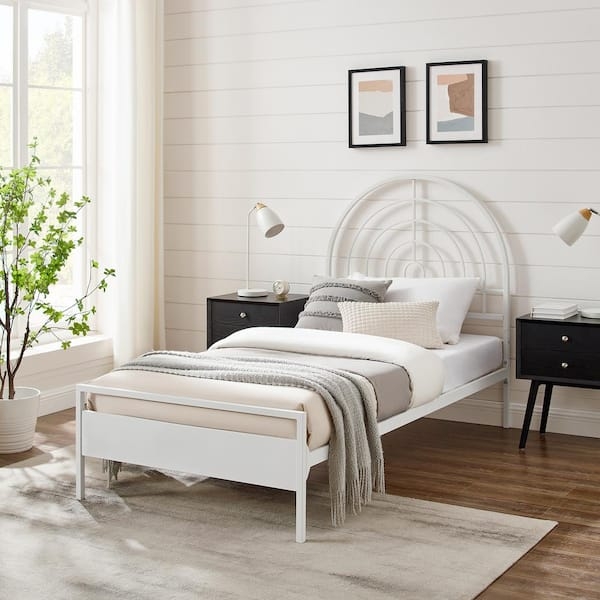 Twin Bed Frame White Metal Arched Sunburst Headboard