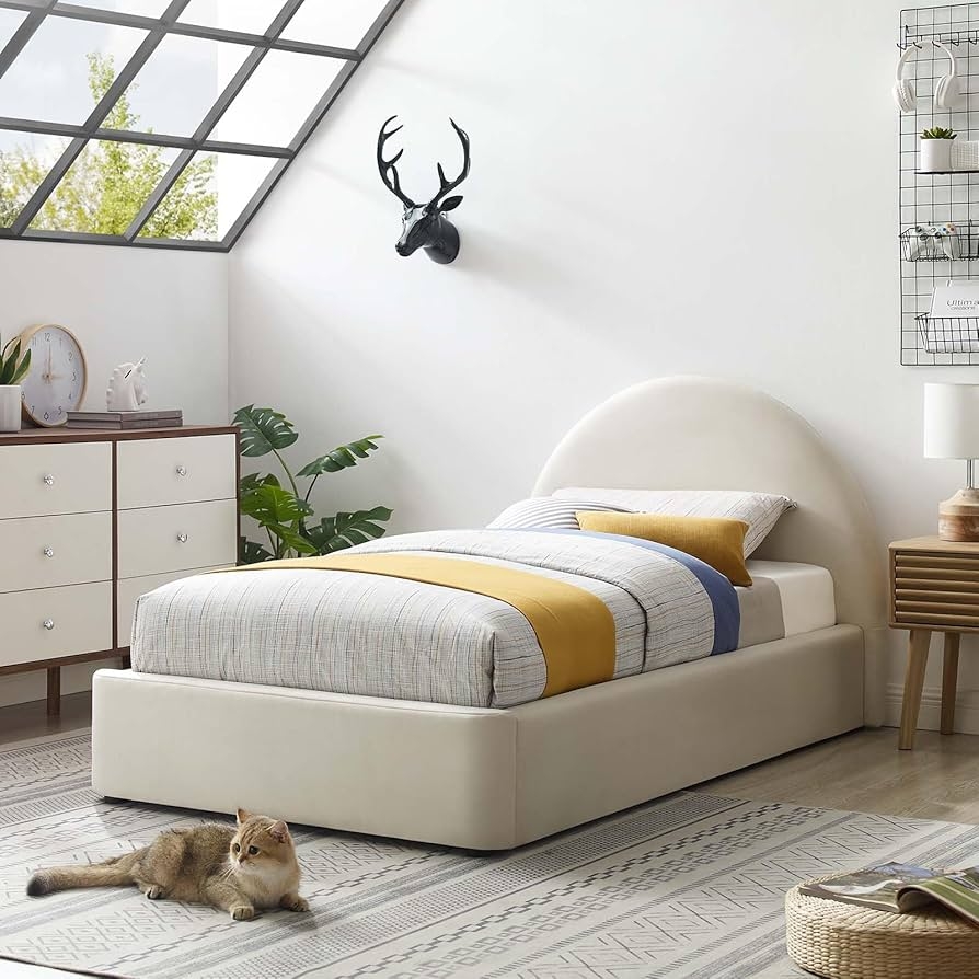 Twin Platform Bed Alabaster Velvet Arched Headboard Frame