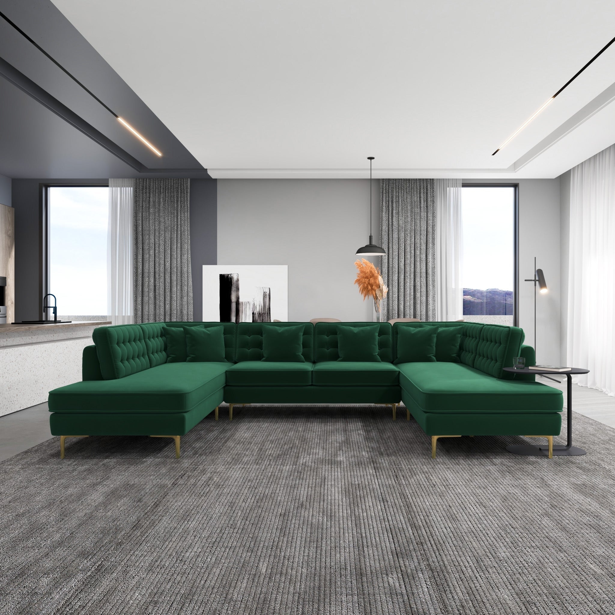 U-Shaped Sectional Dark Green Velvet Gold Legs
