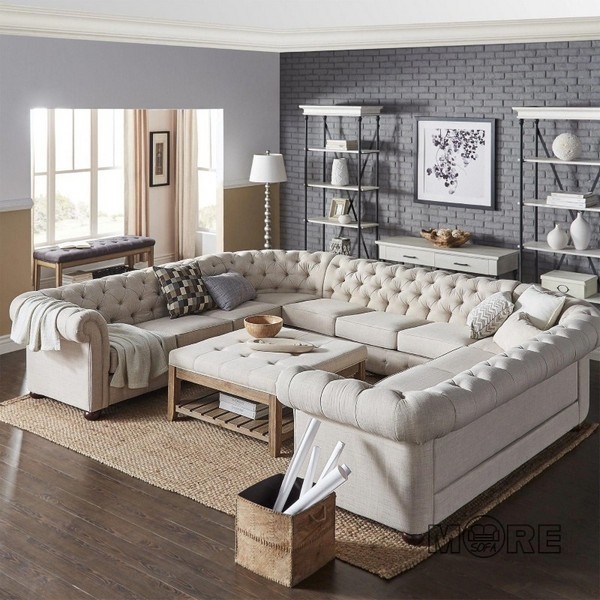 U Shaped Sectional Deep Button Tufting Beige Styling