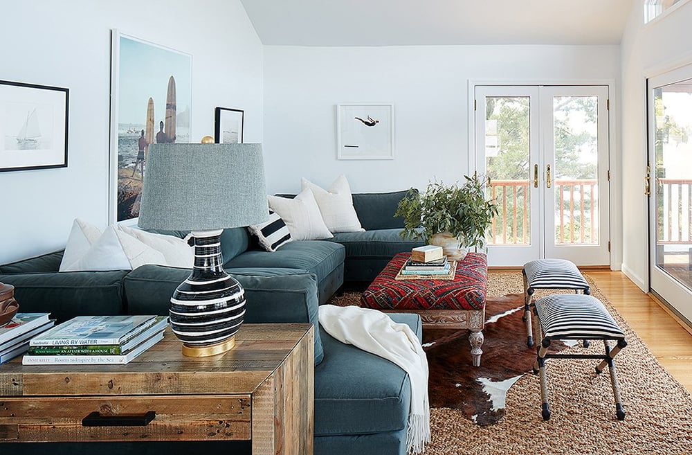 U Shaped Sectional in Teal Blue with Layered Rug Styling