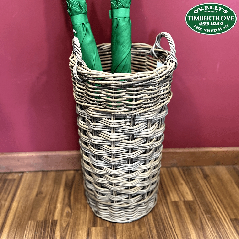 Umbrella Basket Ear Handles Weathered Grey Finish Rattan