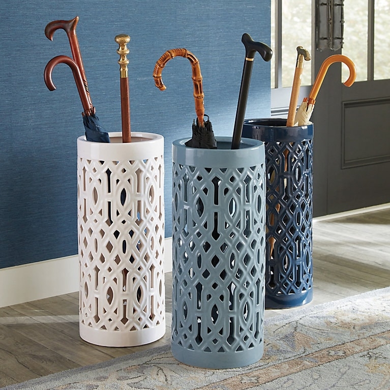 Umbrella Holder Pierced Trellis Design Glossy Ceramic Stand