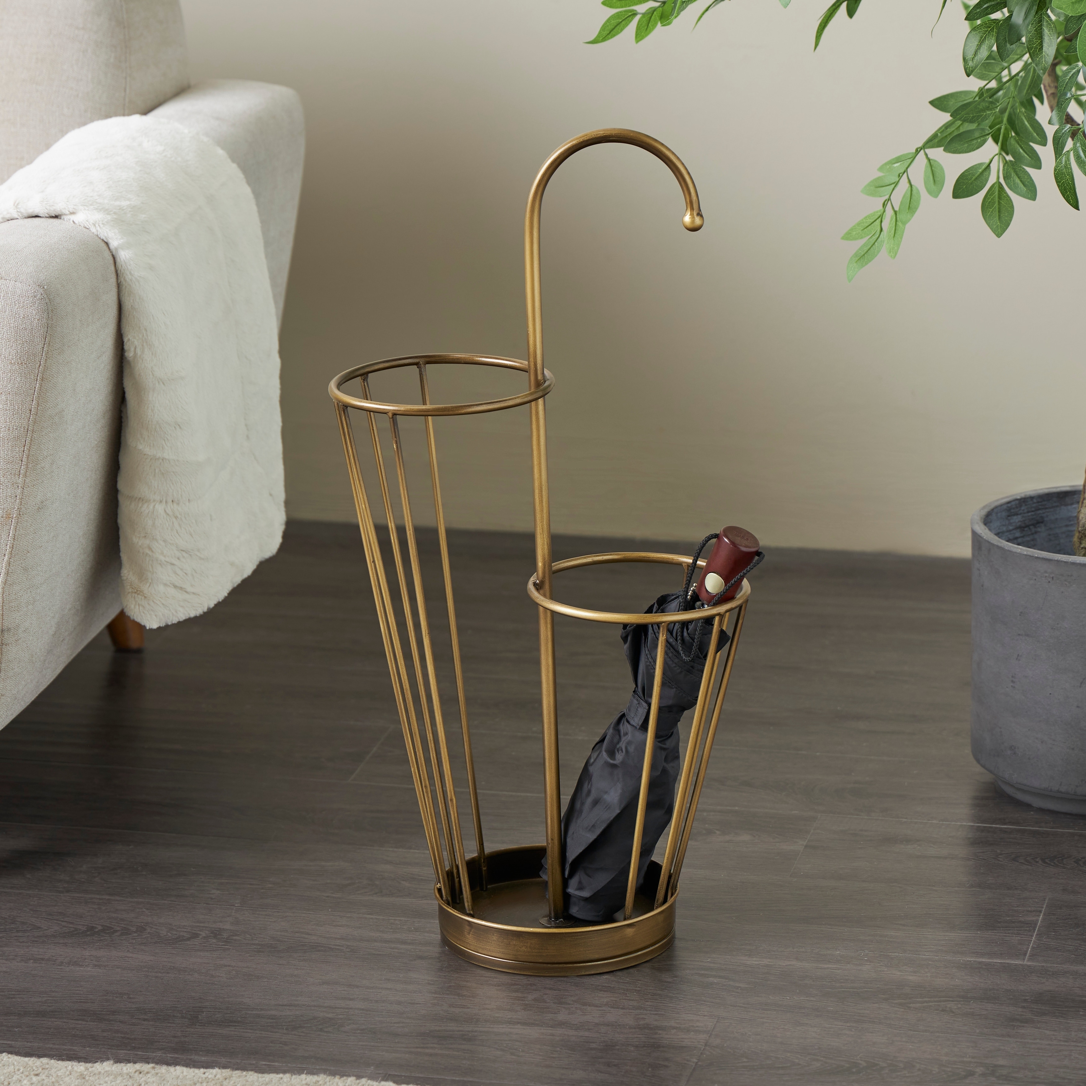 Umbrella Stand Antique Gold Dual Compartments Metal Rack