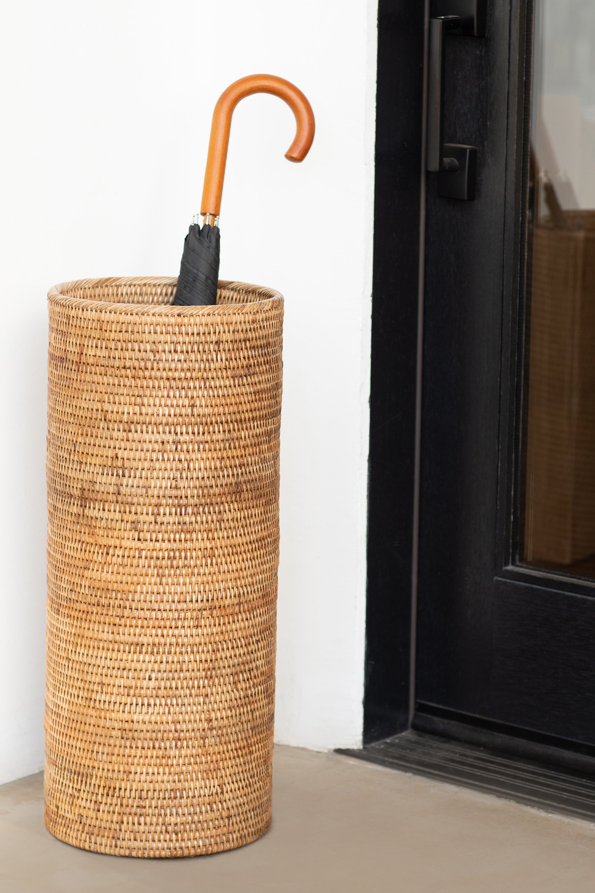 Umbrella Stand Honey Brown Rattan Round Cylindrical Form