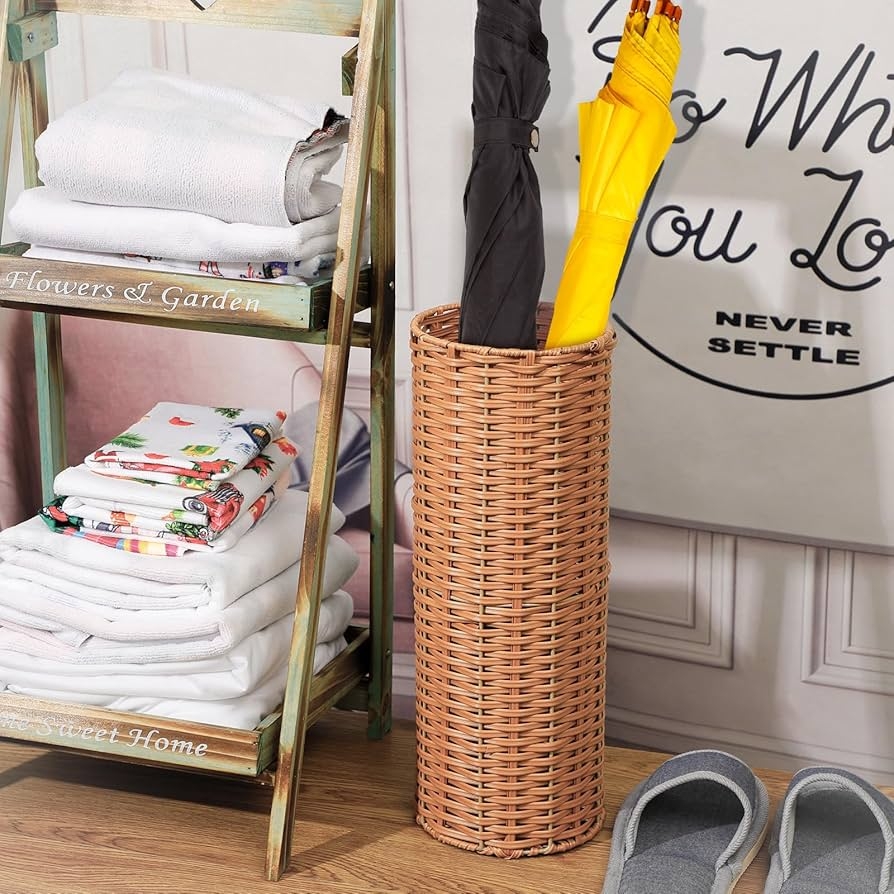 Umbrella Stand Natural Tan Cylindrical Shape Rattan Holder