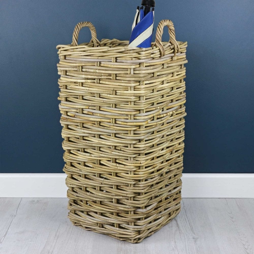 Umbrella Stand Square Wicker Design Grey Buff Rattan Bin