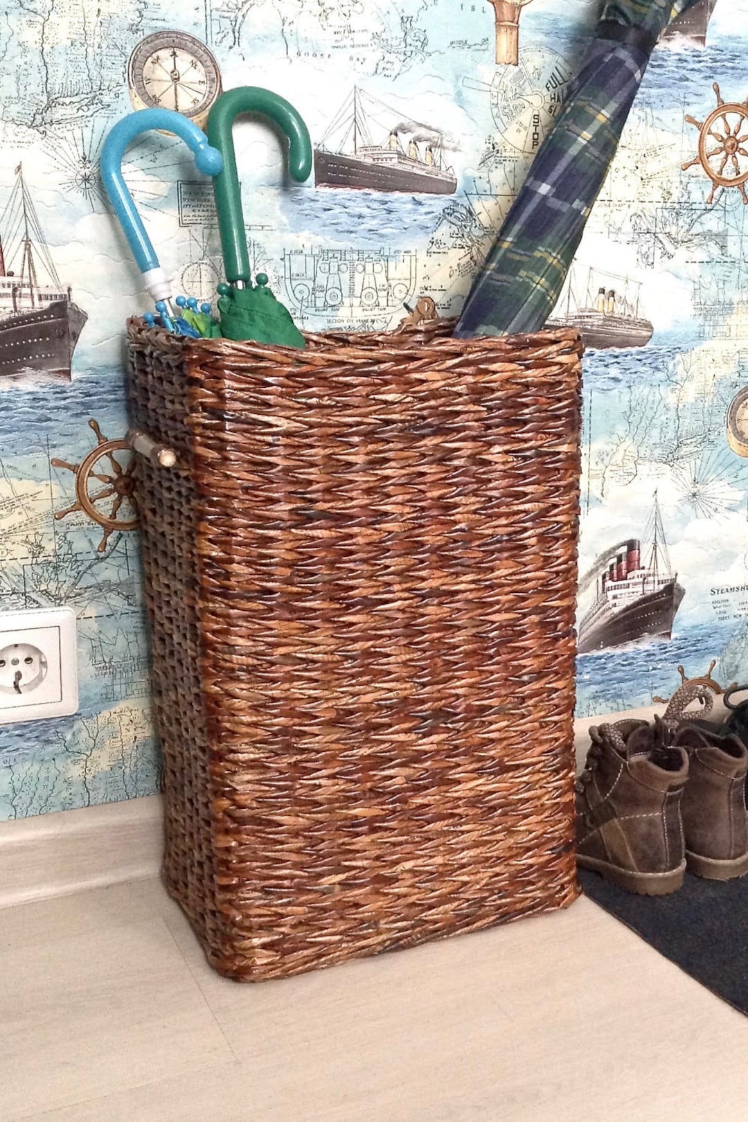 Umbrella Stand Tall Vertical Profile Tight Weave Wicker