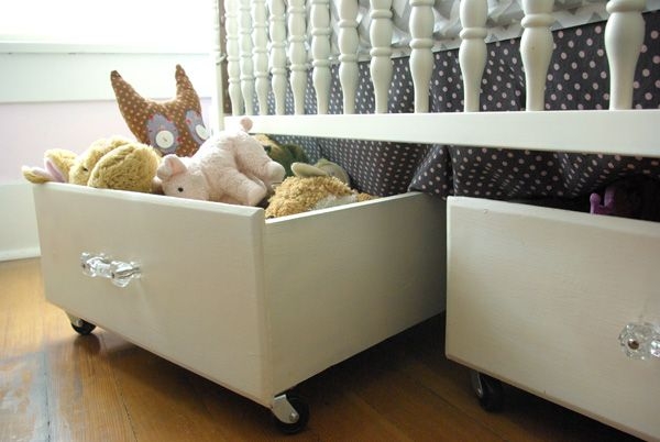 Under Crib Storage: Rolling Caster Wheels and Faceted Knobs